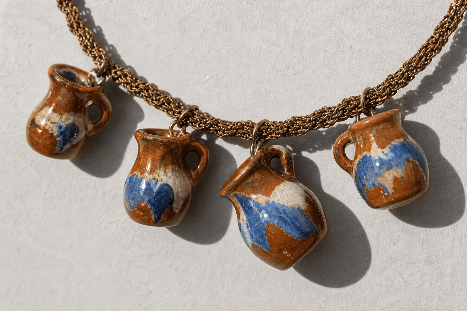 Cielo de Oaxaca collar, close view of glossy jarritos with sky-blue glaze.